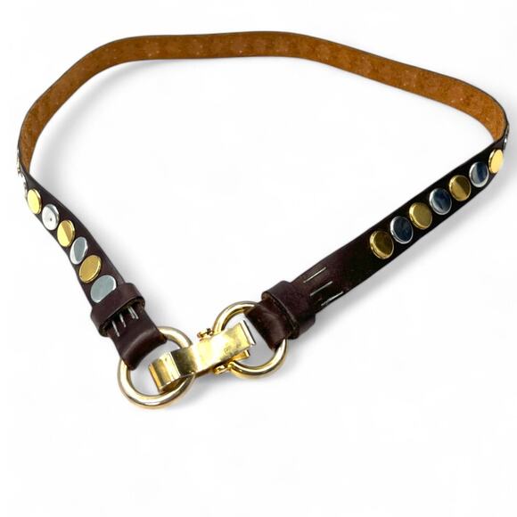 XS Vintage Belt 70\'s-80\'s Mixed Metal Studs Studded Womens Front Clasp Brown